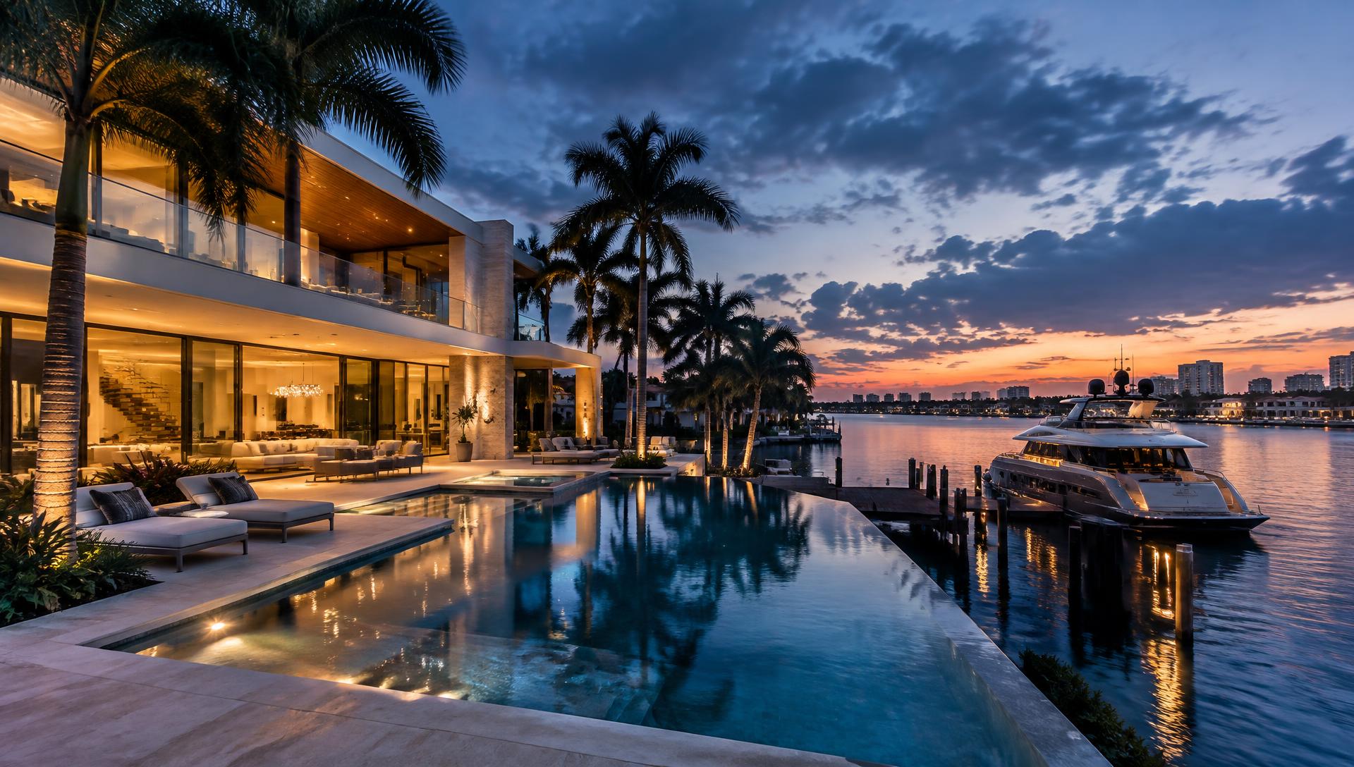 Luxury waterfront estate in Florida at dusk